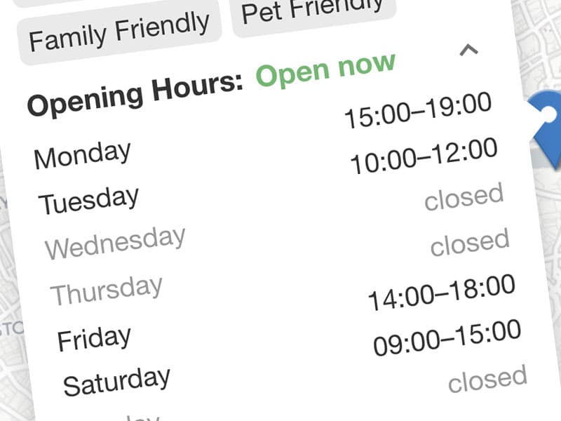 Opening Hours including a live “Open Now” indicator