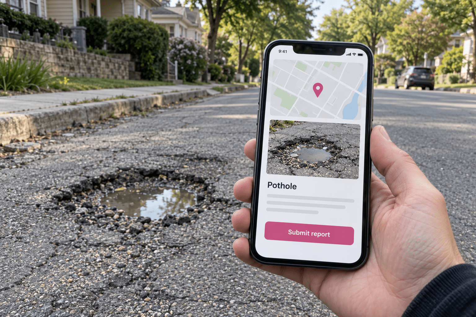 Smartphone showing a pothole photo report and location map, with the pothole visible on the street behind it