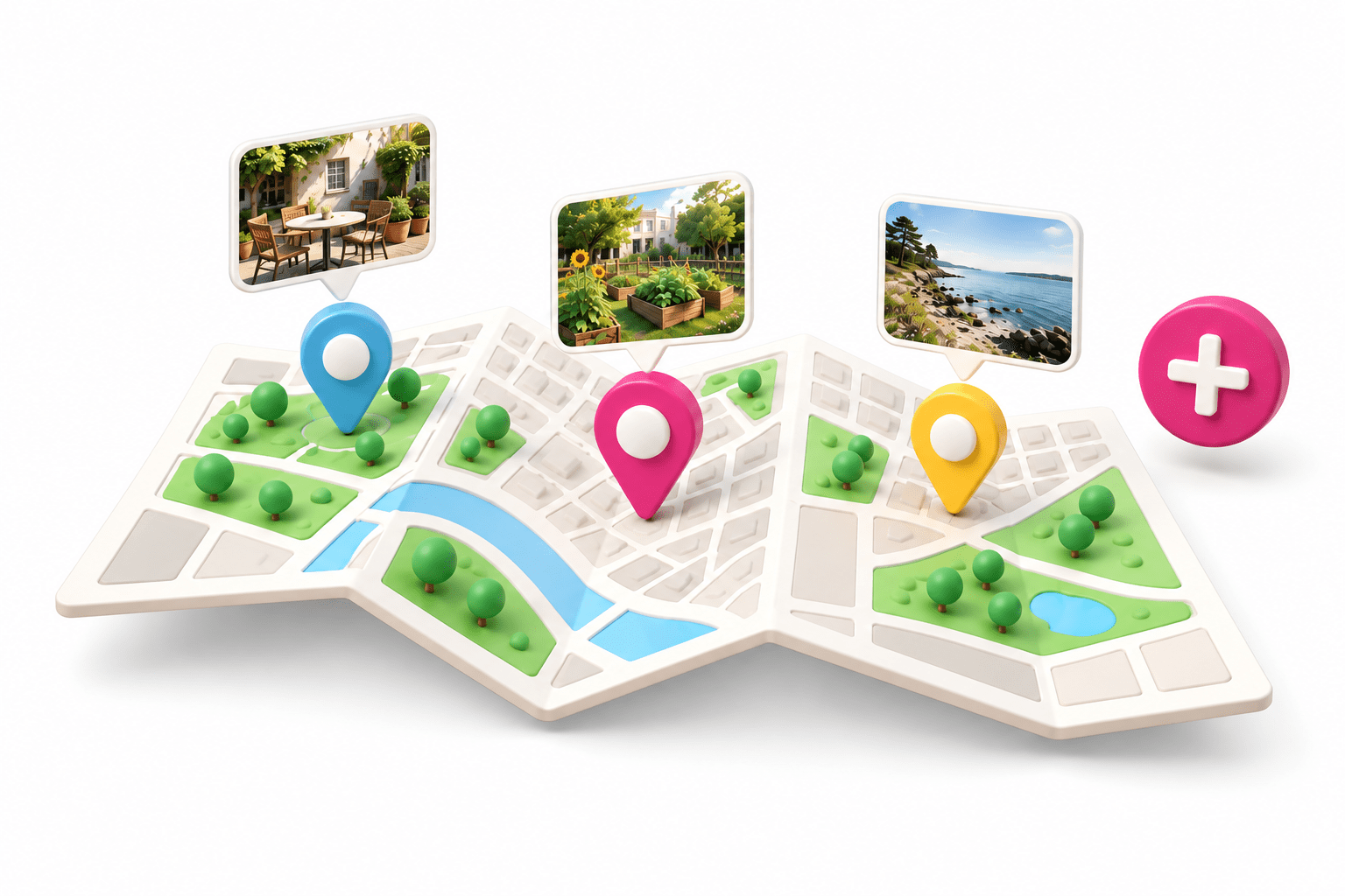 Illustrated community map with places to eat, a shared garden and a coastal spot, connected by colorful pins and a magenta add button