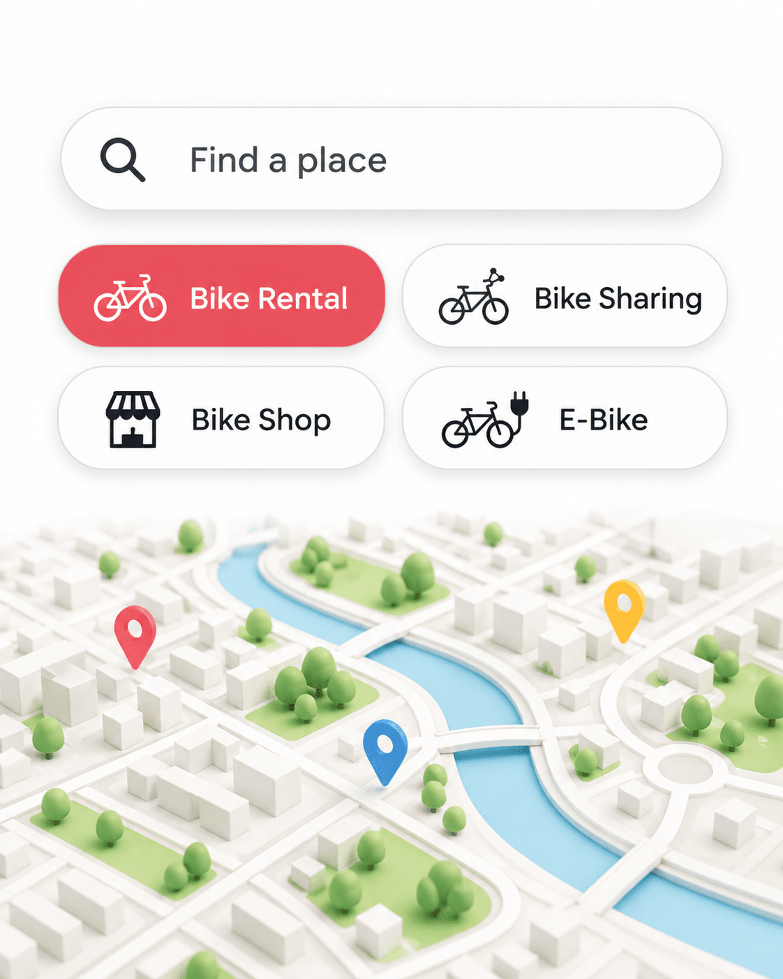 Location search and bike category filters above a city map
