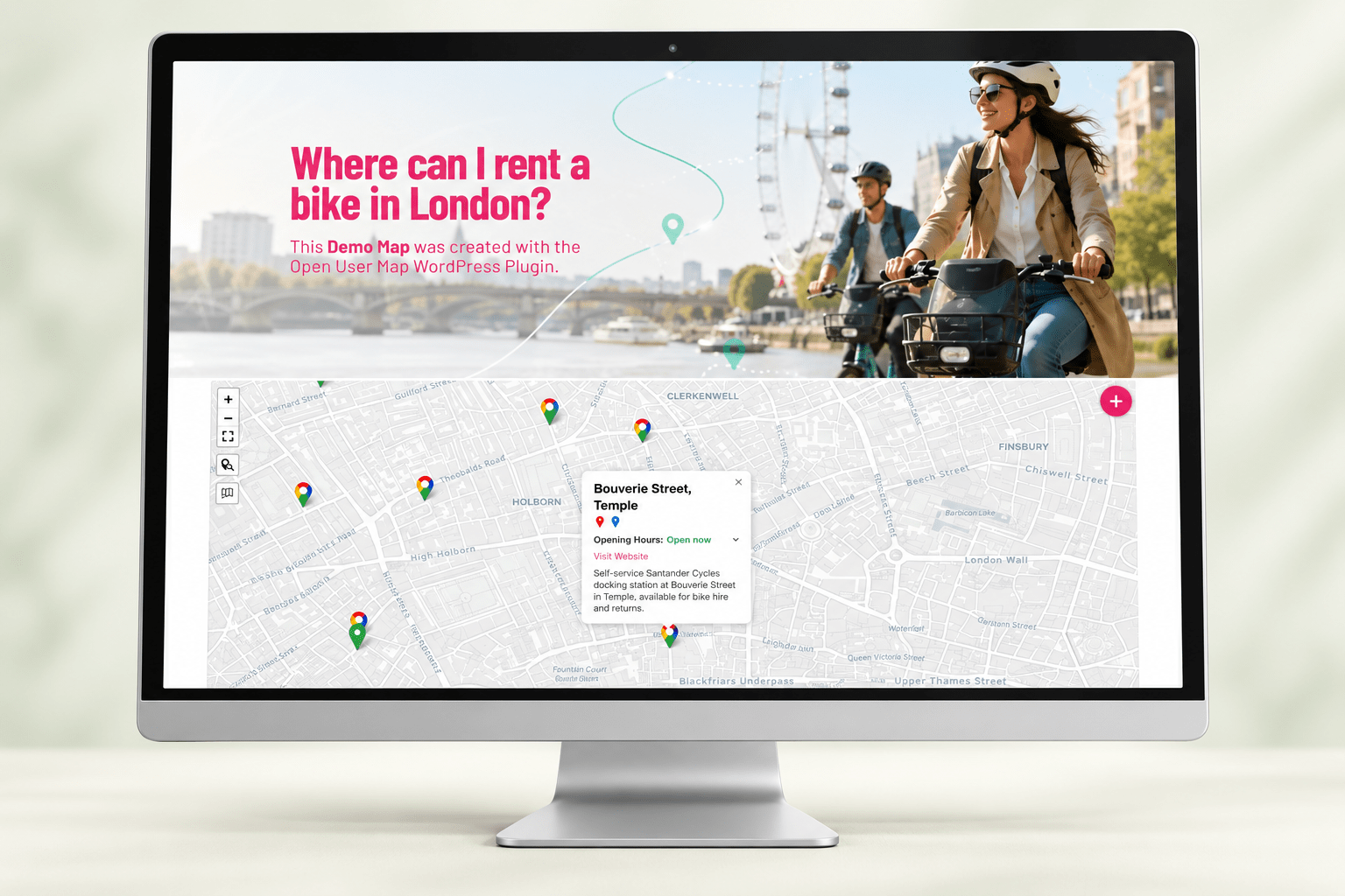 Desktop screen showing the London bike rental directory