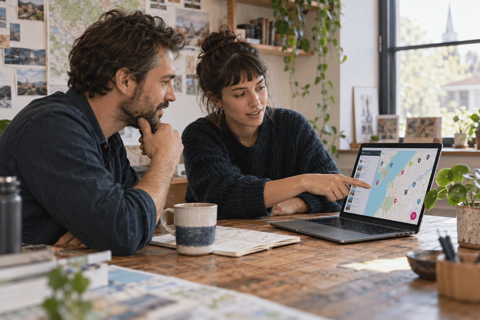 Two people planning a community map together on a laptop